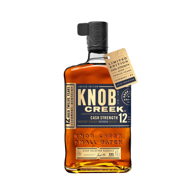 Bottle of Knob Creek 12 Year Old Cask Strength Kentucky Straight Bourbon with 2026 limited edition neck tag