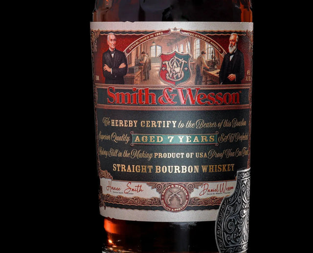 Bottle label for Smith & Wesson 7 Year Straight Bourbon Whiskey 750ml