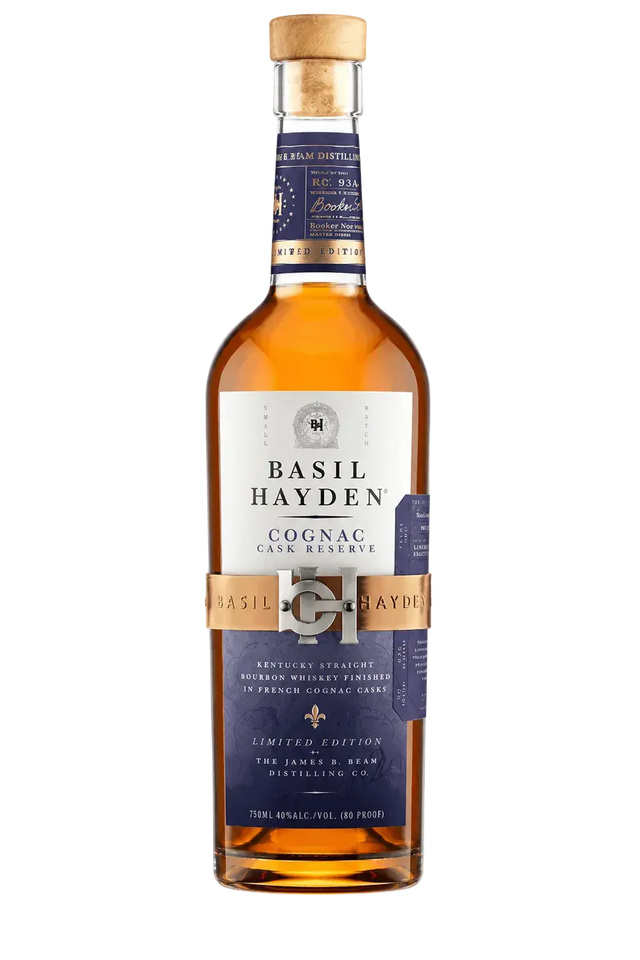 Bottle of Basil Hayden Cognac Cask Reserve Kentucky Straight Bourbon Whiskey with navy and white label and gold band