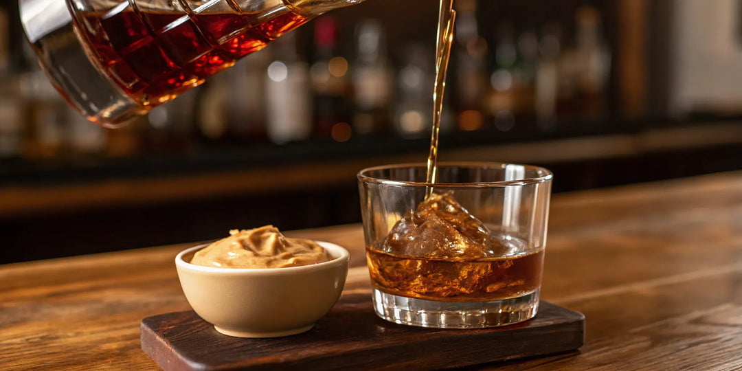 A glass of sweet peanut butter whiskey served on the rocks.