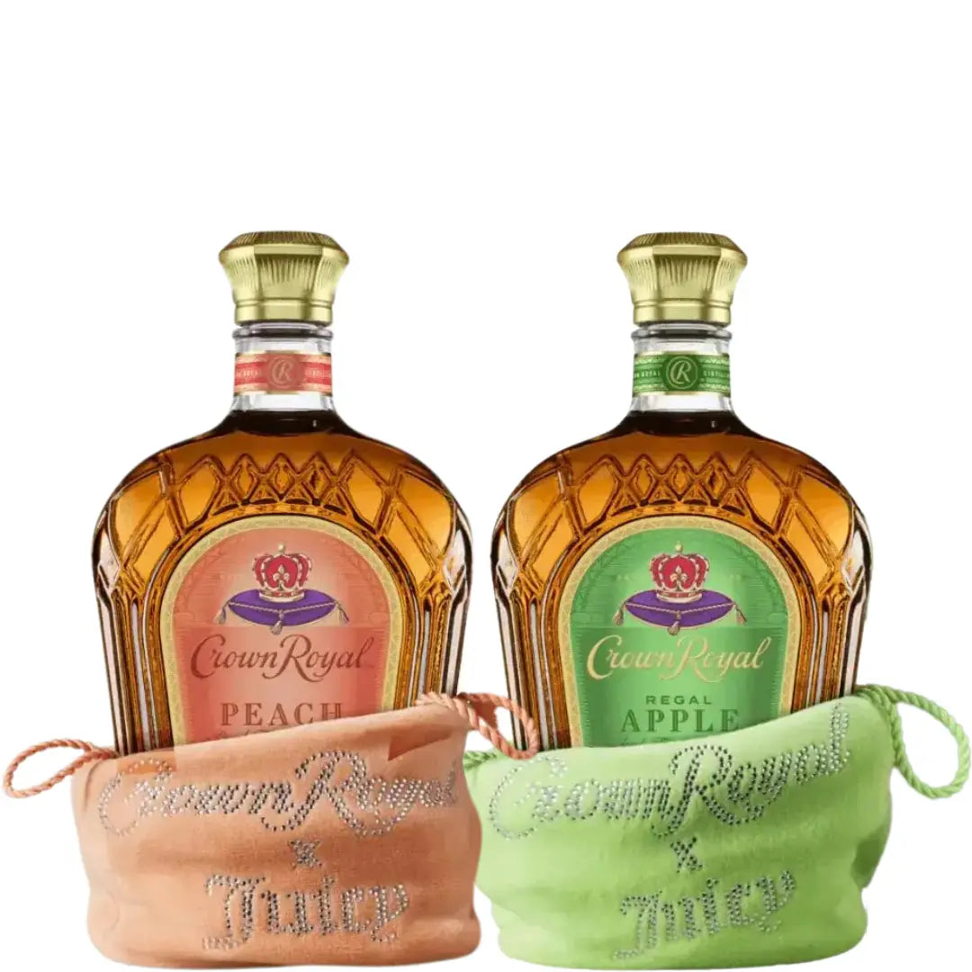 Crown Royal x Juicy Couture bundle showing Peach and Regal Apple bottles in orange and green rhinestone velour bags