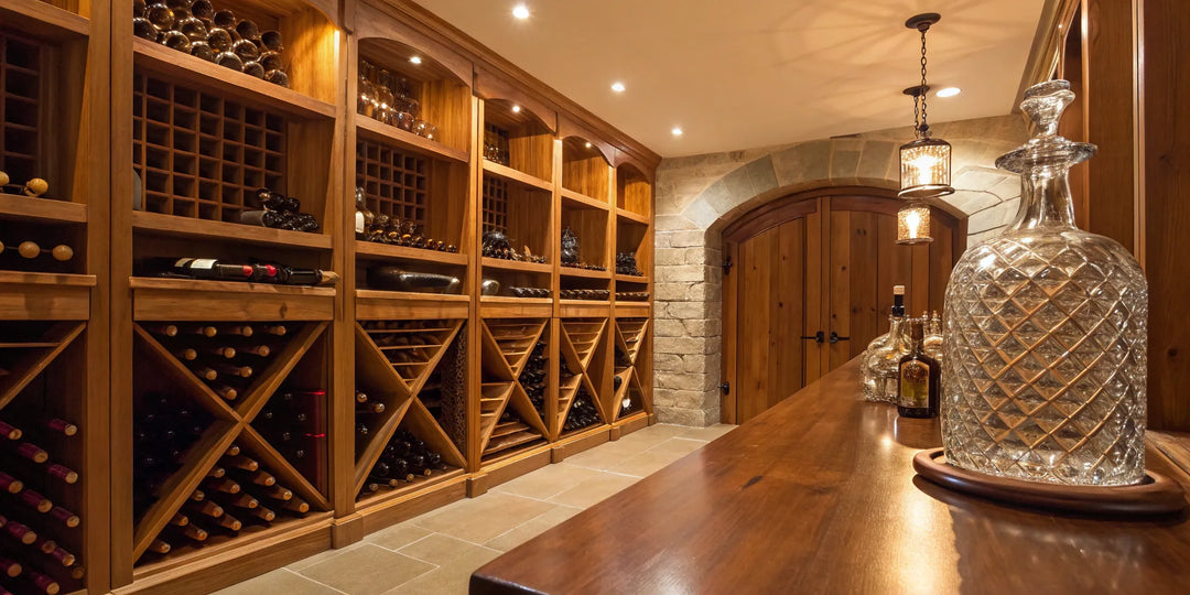Assorted wine bottles on cellar racks, ready for delivery from an online liquor store.