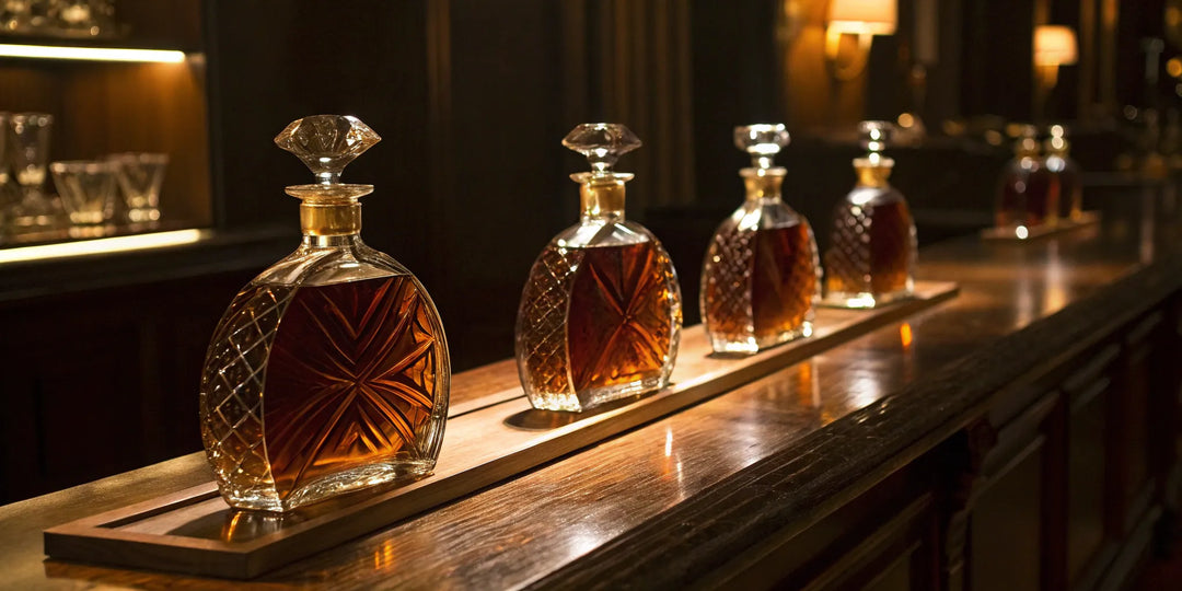 A row of sought-after limited edition bourbon bottles on a bar.