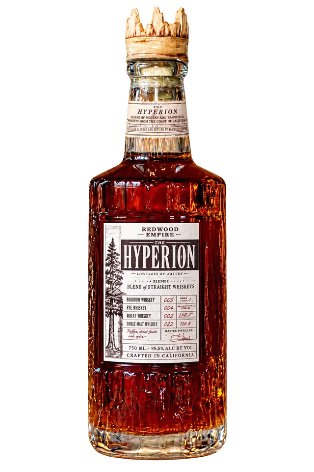 Bottle of Redwood Empire The Hyperion Inaugural Batch 001 Blend of Straight Whiskies with cork top and illustrated redwood label