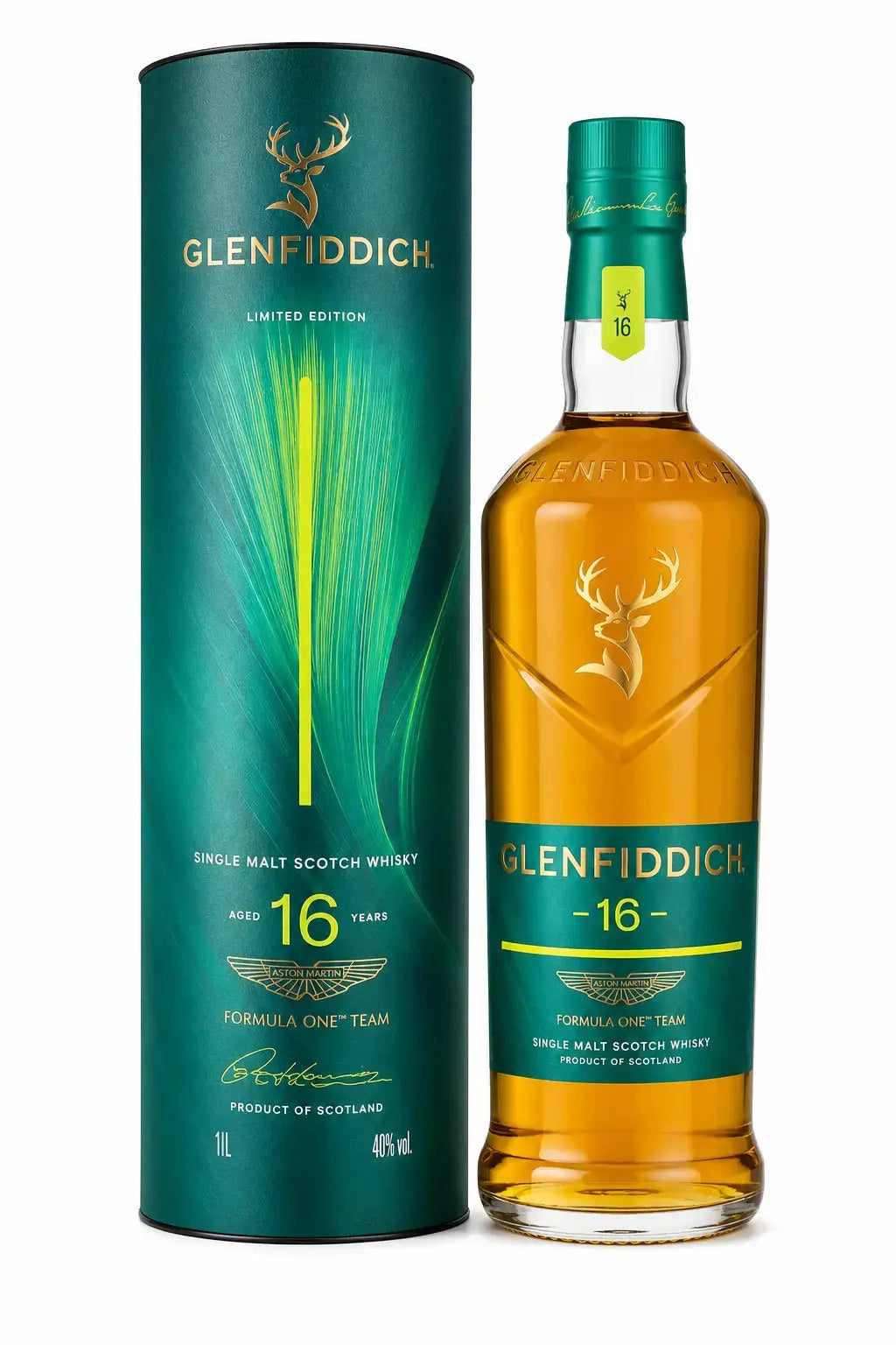 Glenfiddich 16 Year Aston Martin Formula One Edition Release 2 bottle with its green-and-gold presentation tube