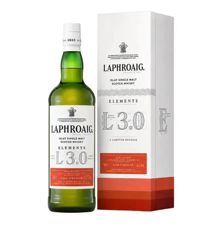 Bottle of Laphroaig Elements 3.0 Islay Single Malt Scotch Whisky beside its orange and white gift carton