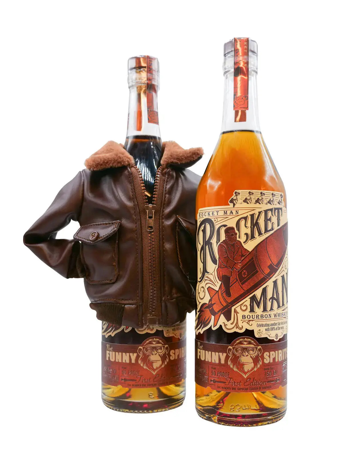 Two bottles of Rocket Man Bourbon Whiskey, one wearing a brown aviator jacket and one showing its illustrated rocket label