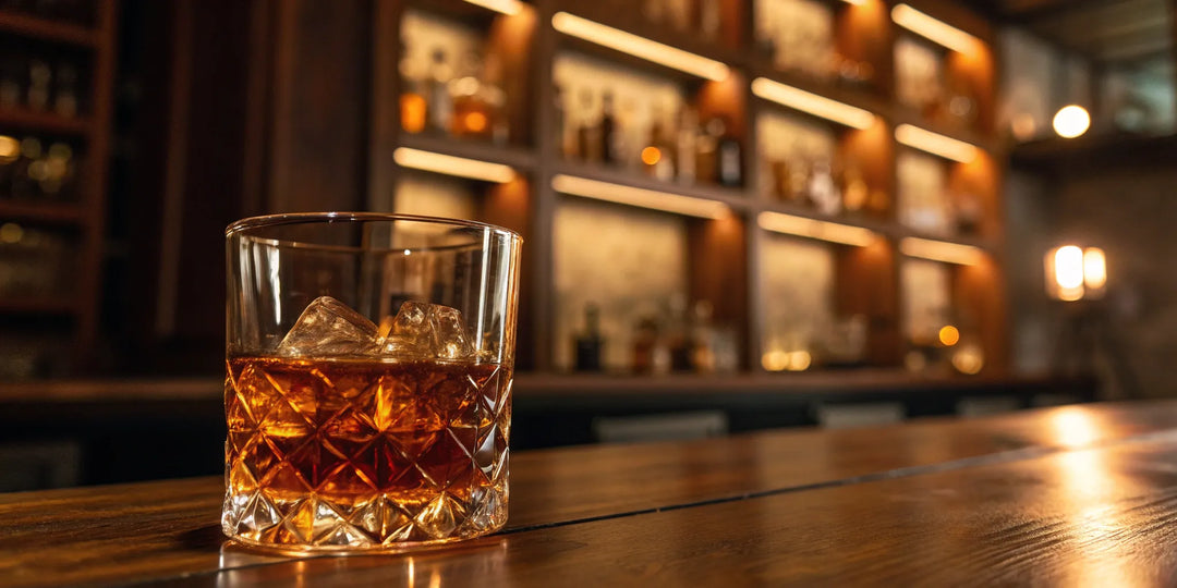 A glass of New Riff bourbon on the rocks, sitting on a bar with a collection of whiskeys behind it.