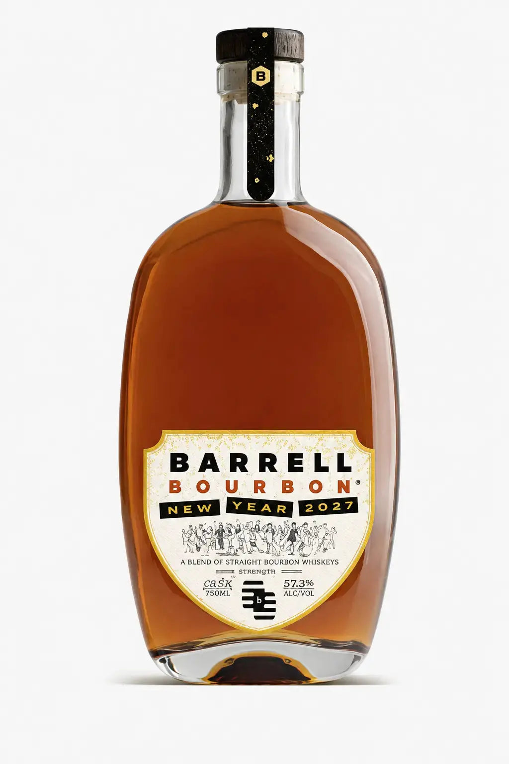 Bottle of Barrell Bourbon New Year 2027 cask strength blend of straight bourbon whiskeys with gold and black label