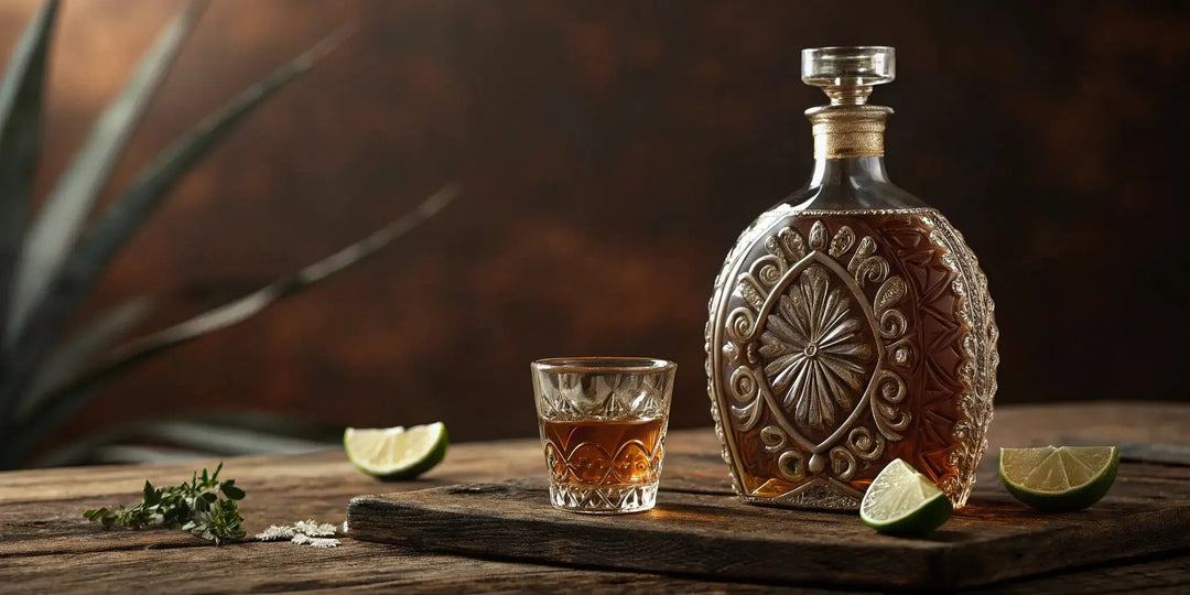 The iconic blue and white decanter of Clase Azul tequila next to a prepared glass.