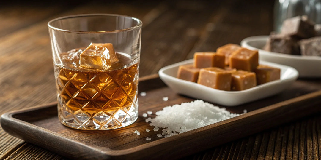 Crown Salted Caramel whisky on the rocks with sea salt and caramel garnishes.