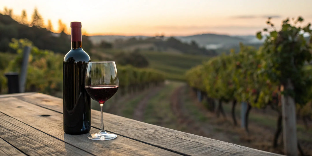 Daou Cabernet Sauvignon bottle and a poured glass of wine on a table in a vineyard.