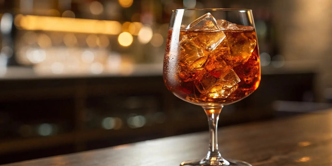 A glass of Disaronno amaretto liqueur served on the rocks.