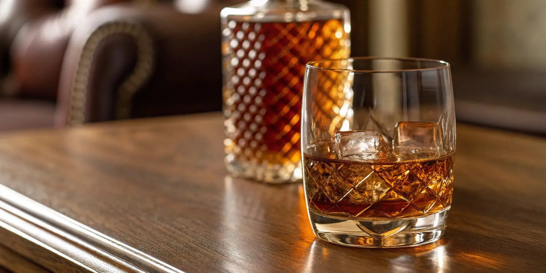 EH Taylor Small Batch bourbon in a glass with ice on a wooden table.