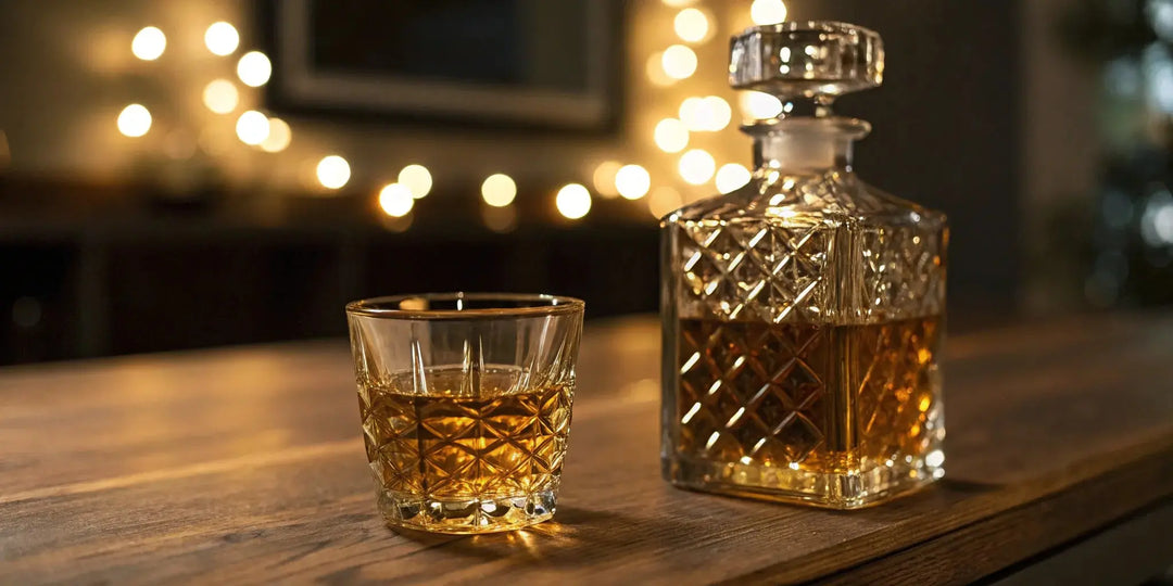 A glass and bottle of Fortaleza Winter Blend tequila on a warmly lit wooden bar.