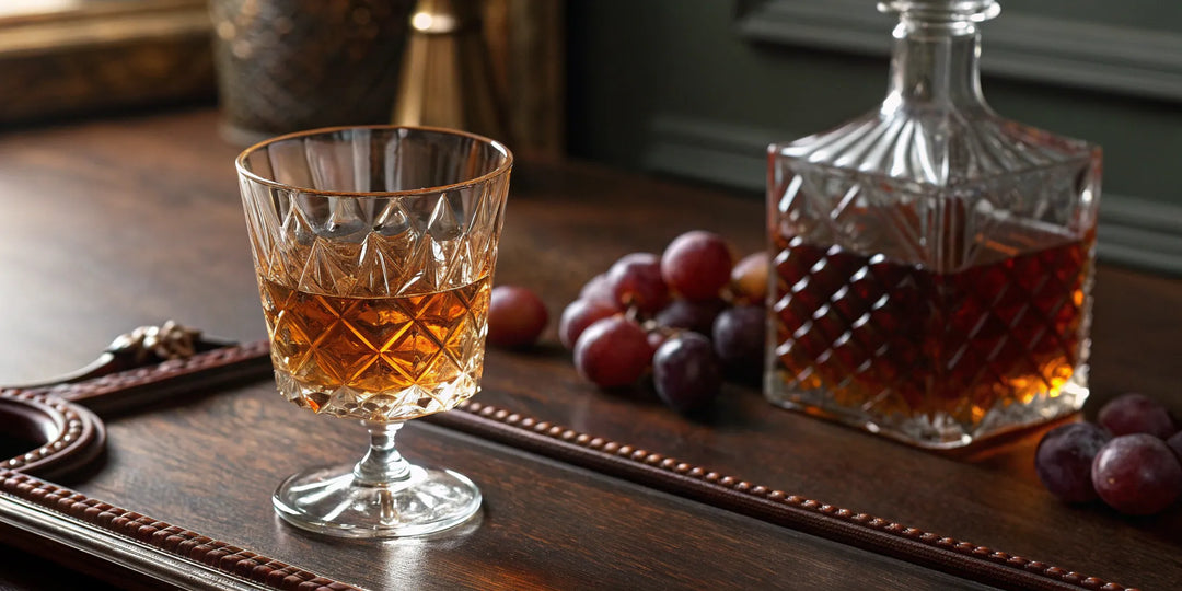 A glass of the limited edition Hennessy LeBron James cognac next to a decanter.