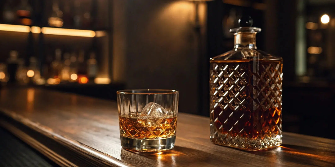 A glass of Johnnie Walker Blue Label whisky on ice, next to a crystal decanter on a bar.