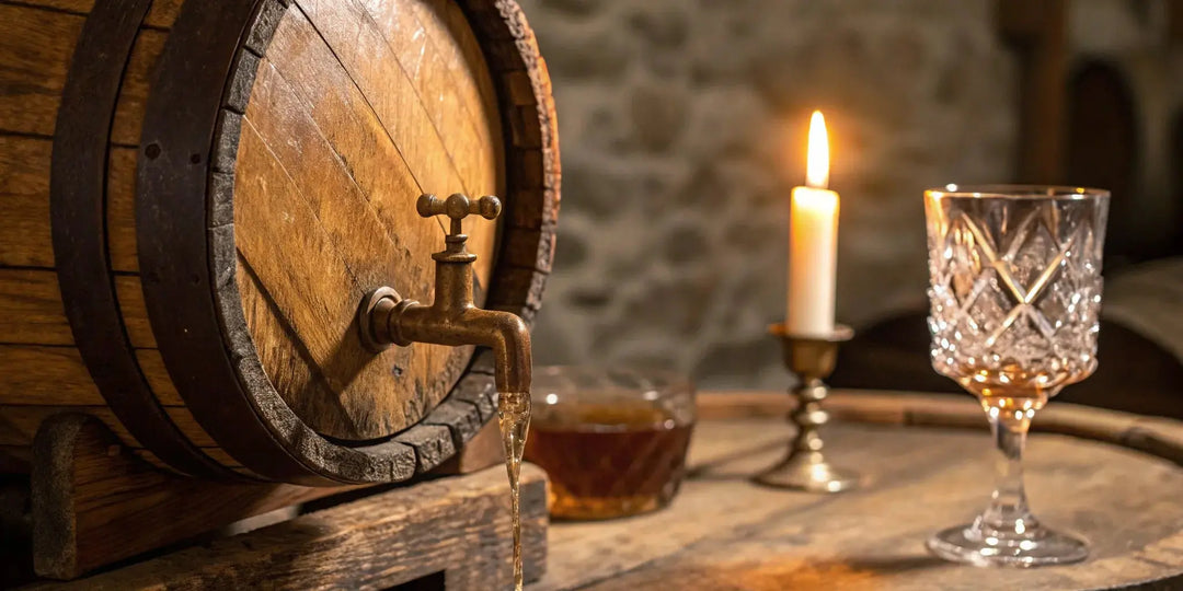 Jack Daniel's 12 Year whiskey in a tasting glass, set against a rustic aging barrel.