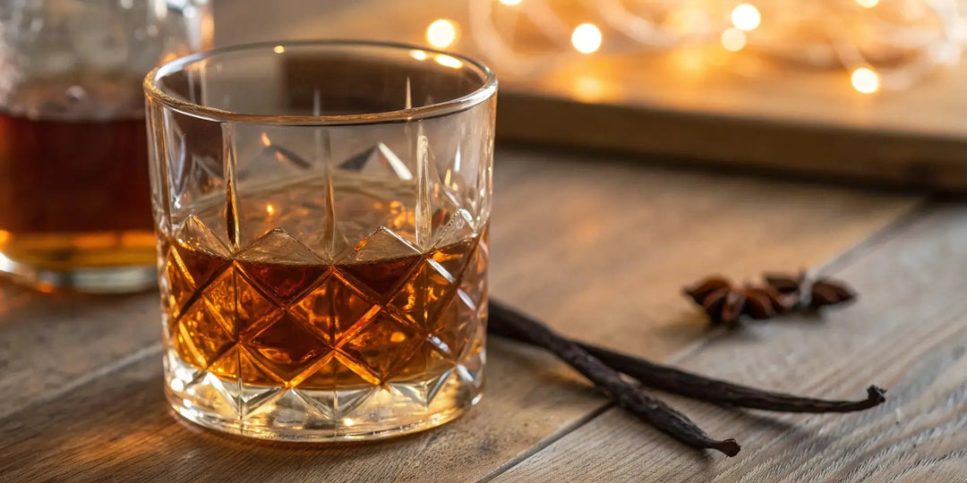 A glass of Jim Beam Vanilla on a wooden table with vanilla beans.
