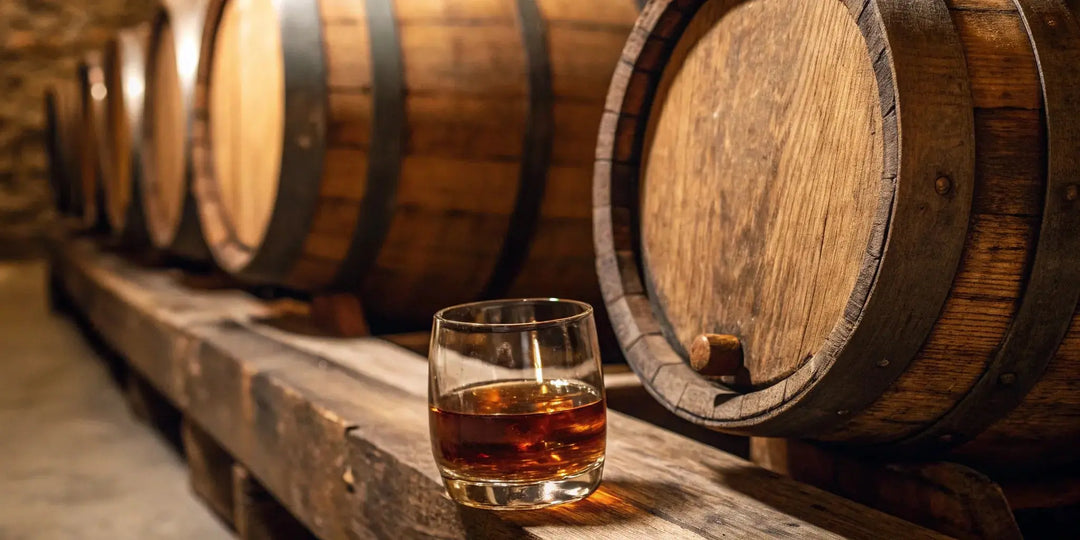 A glass of Knob Creek 12 year bourbon resting on an oak barrel in a cellar.