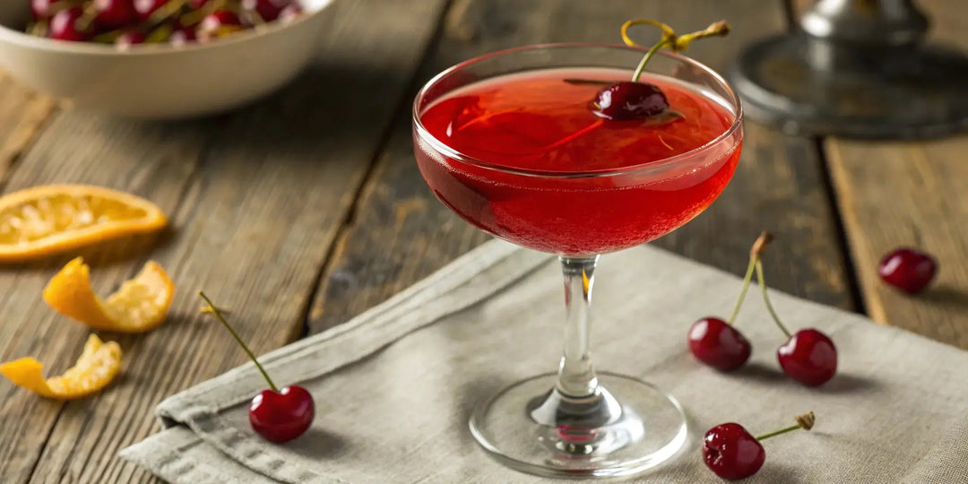 Classic cocktail made with Luxardo maraschino liqueur, garnished with a cherry in a coupe glass.
