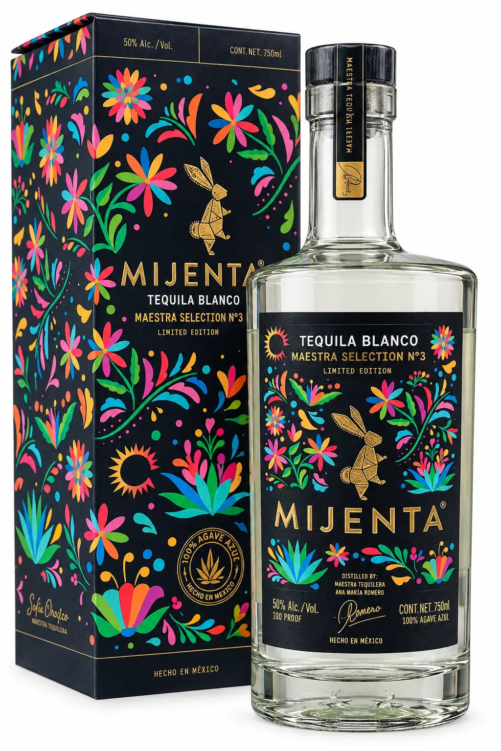 Bottle of Mijenta Maestra Selection No. 3 Tequila Blanco beside its floral gift box featuring the Mijenta rabbit motif