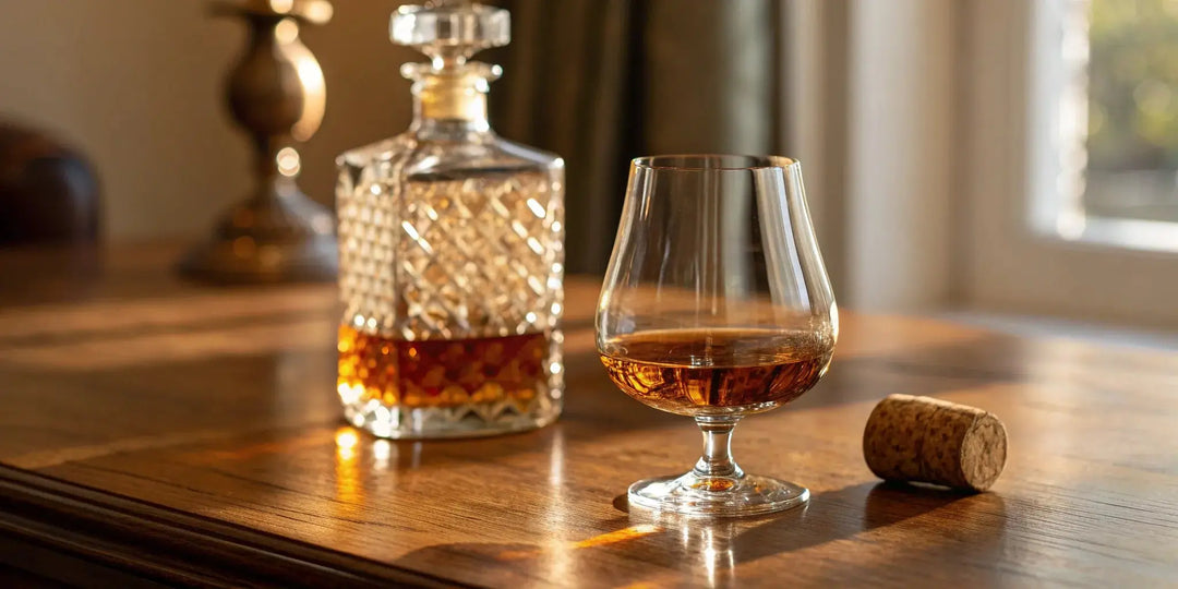 Old Fitzgerald 7 Year Bottled in Bond bourbon poured in a glass next to its decanter.