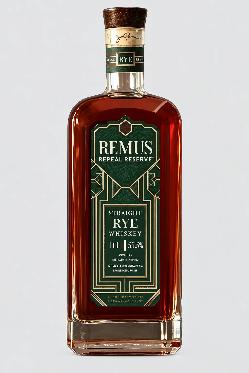 Bottle of Remus Repeal Reserve Straight Rye Whiskey with green and gold label showing 111 proof