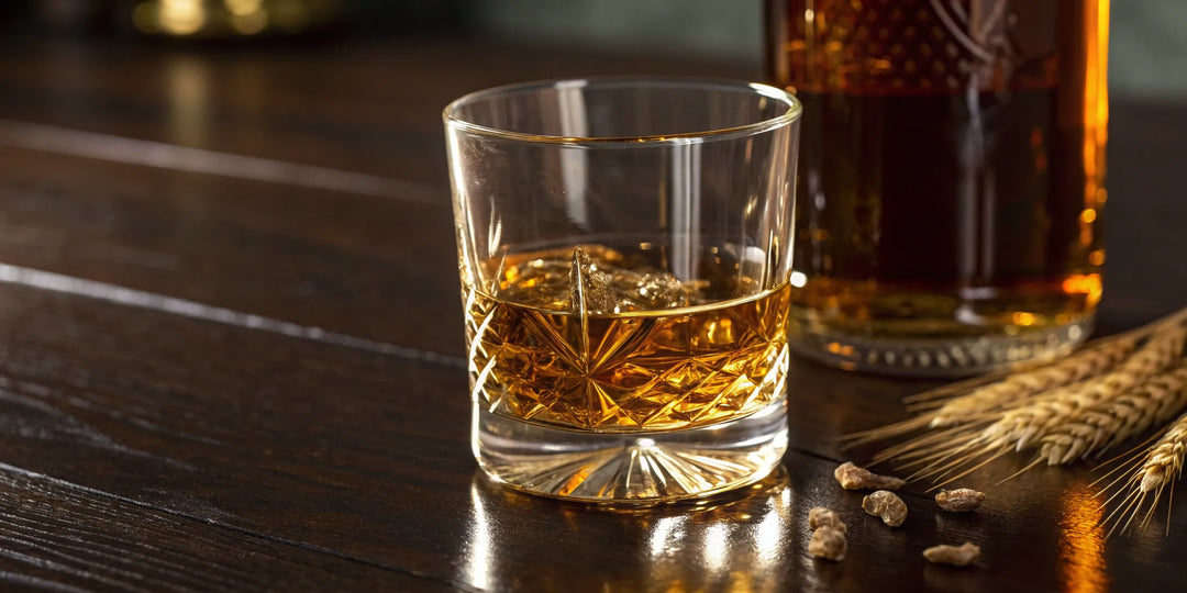 A glass of rye whiskey, a bottle, and the rye grains that define its spicy flavor.