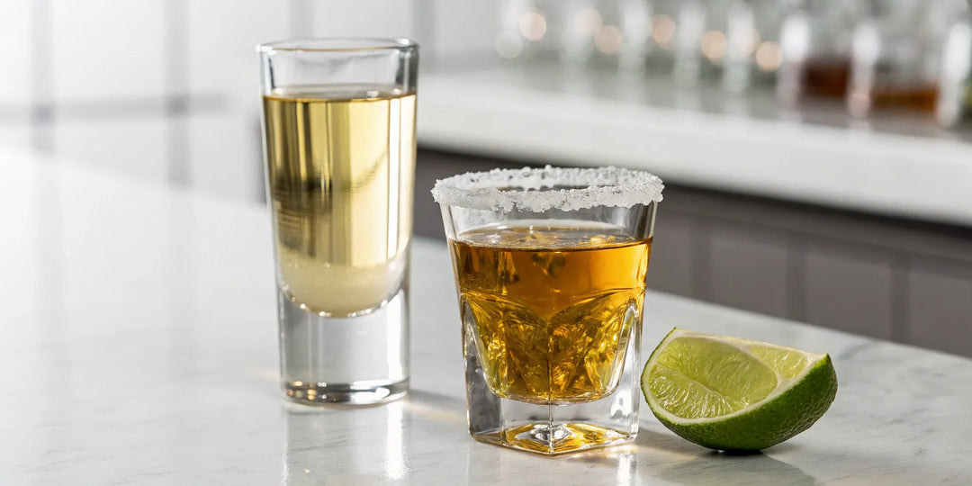A glass of tequila and a glass of mezcal with lime, comparing the difference between the two agave spirits.