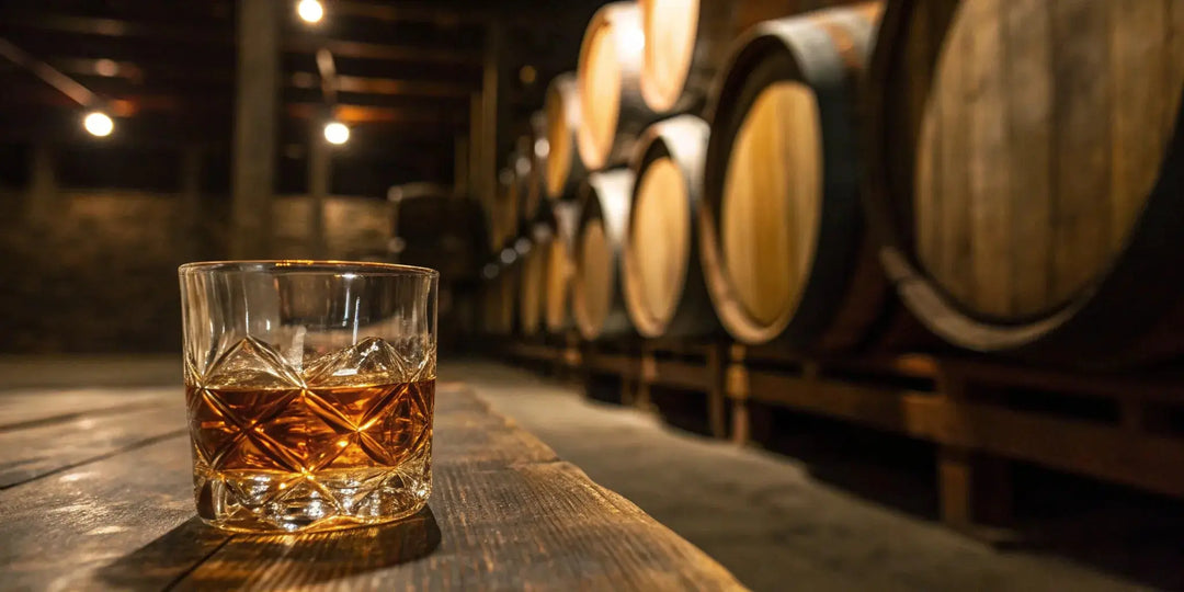 A glass of smooth Jameson Black Barrel whiskey in front of the double-charred barrels that give it its flavor.