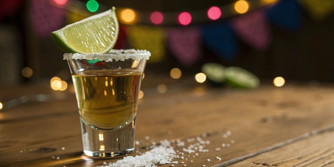 A glass of Chicas Divertidas tequila with a salted rim and a lime wedge.
