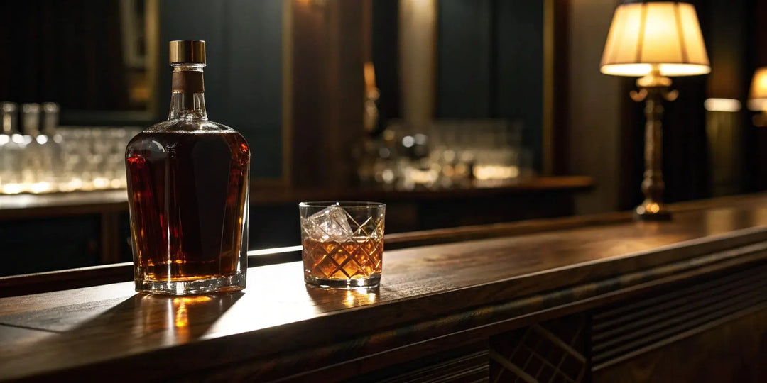 A bottle of William Larue Weller bourbon next to a glass with ice.