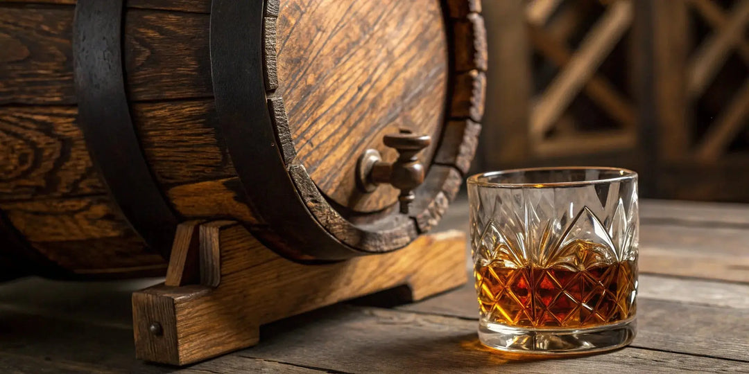 A glass of Woodford Reserve Double Oaked bourbon sits next to a charred oak barrel.