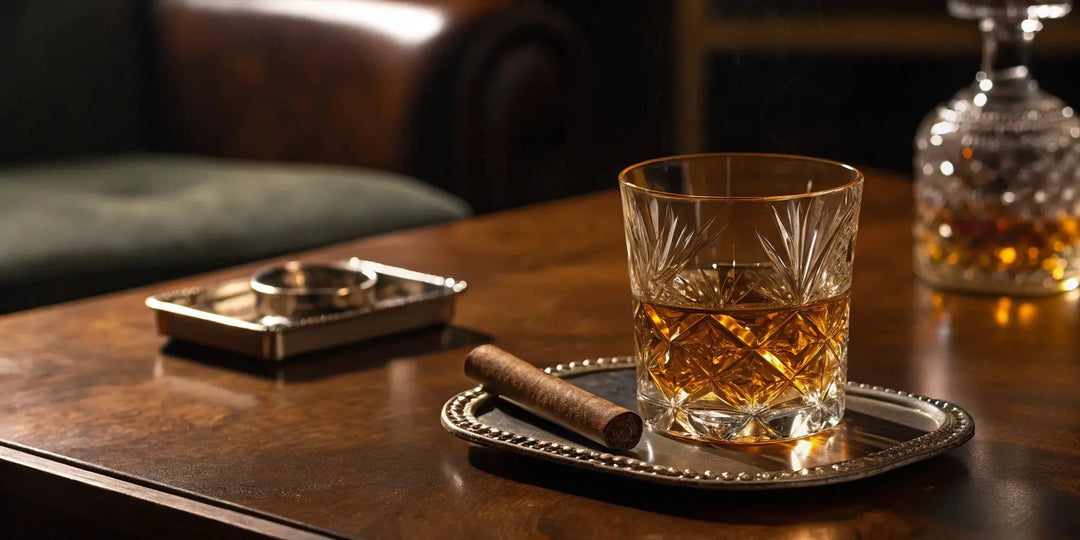Johnnie Walker Blue Label whisky in a crystal glass with a cigar on a silver tray.