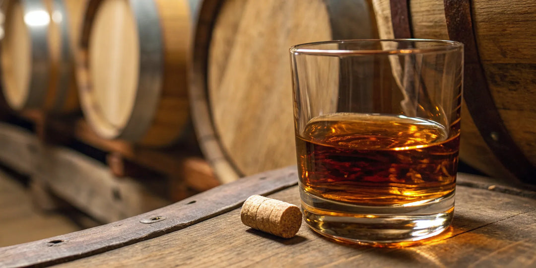 A glass of Woodford Reserve Double Double Oaked resting on a charred oak barrel.