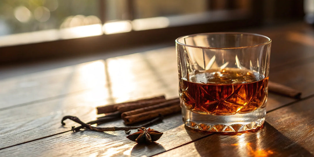 Yellowstone limited edition bourbon in a glass on the rocks with cinnamon and star anise.