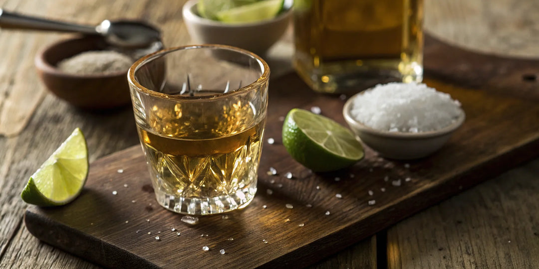 Don Julio Reposado tequila in a glass, served with fresh lime and salt.