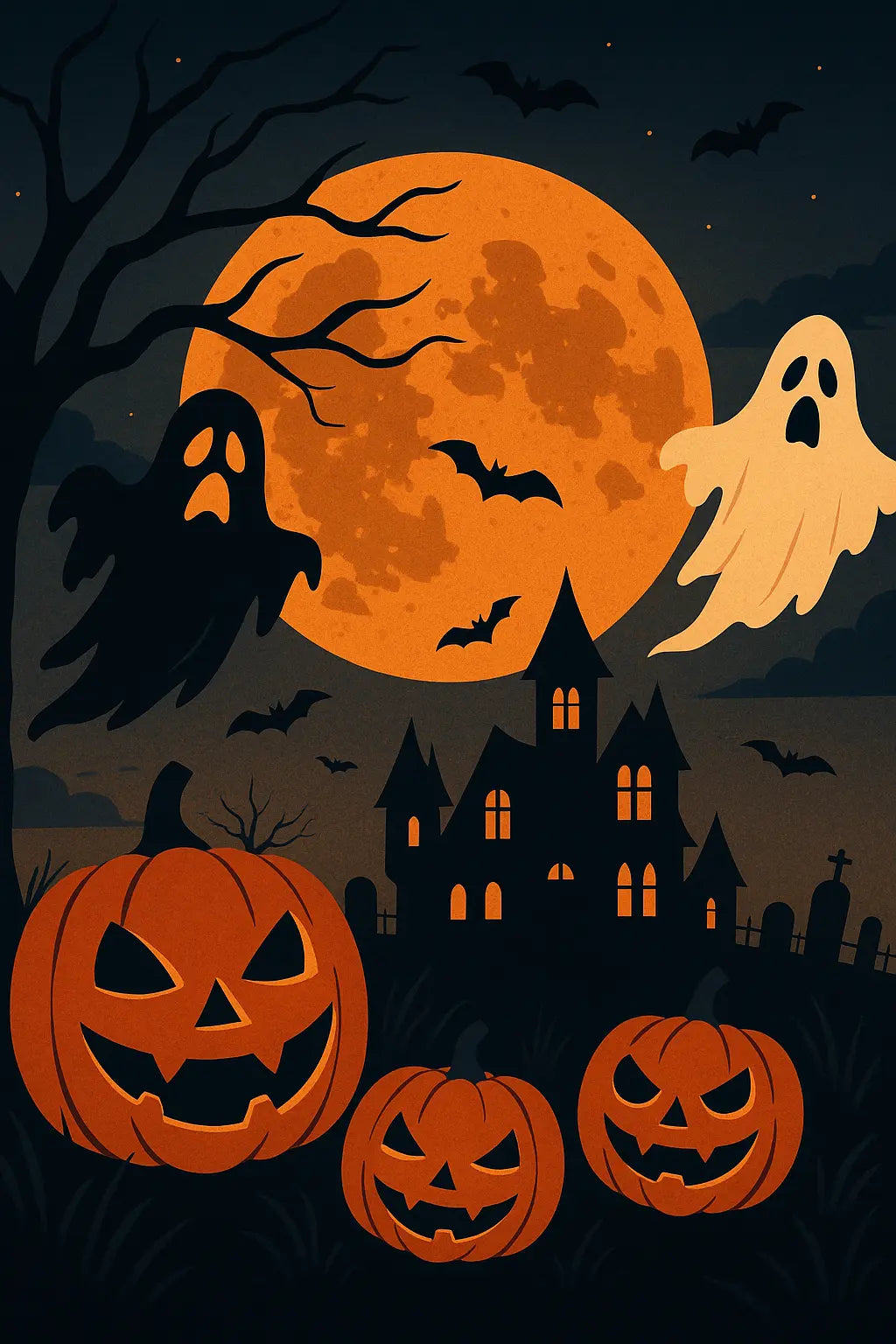Halloween scene with jack-o’-lanterns, a haunted house, bats, two ghosts, a bare tree, and a large orange full moon in a dark, spooky night sky.