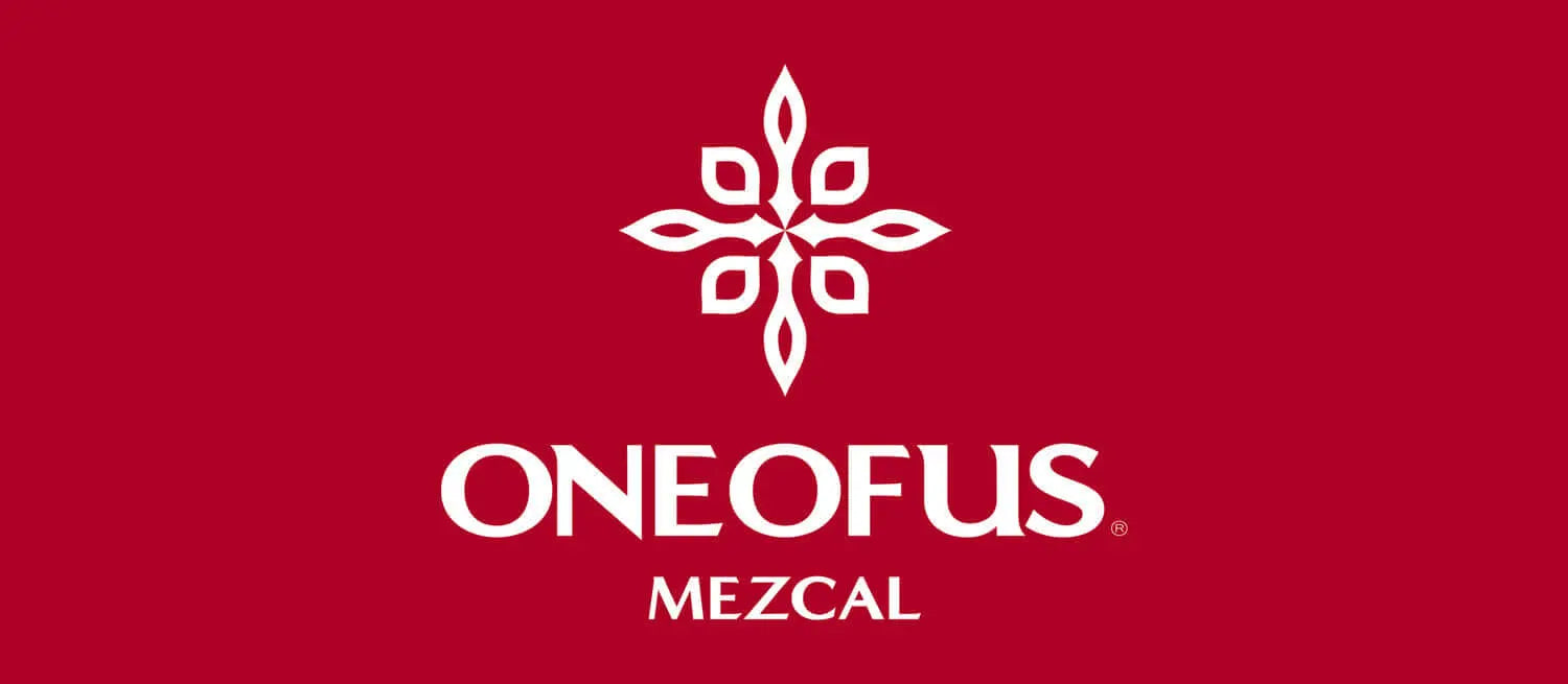White geometric agave flower symbol above the text ONEOFUS MEZCAL on a solid red background.