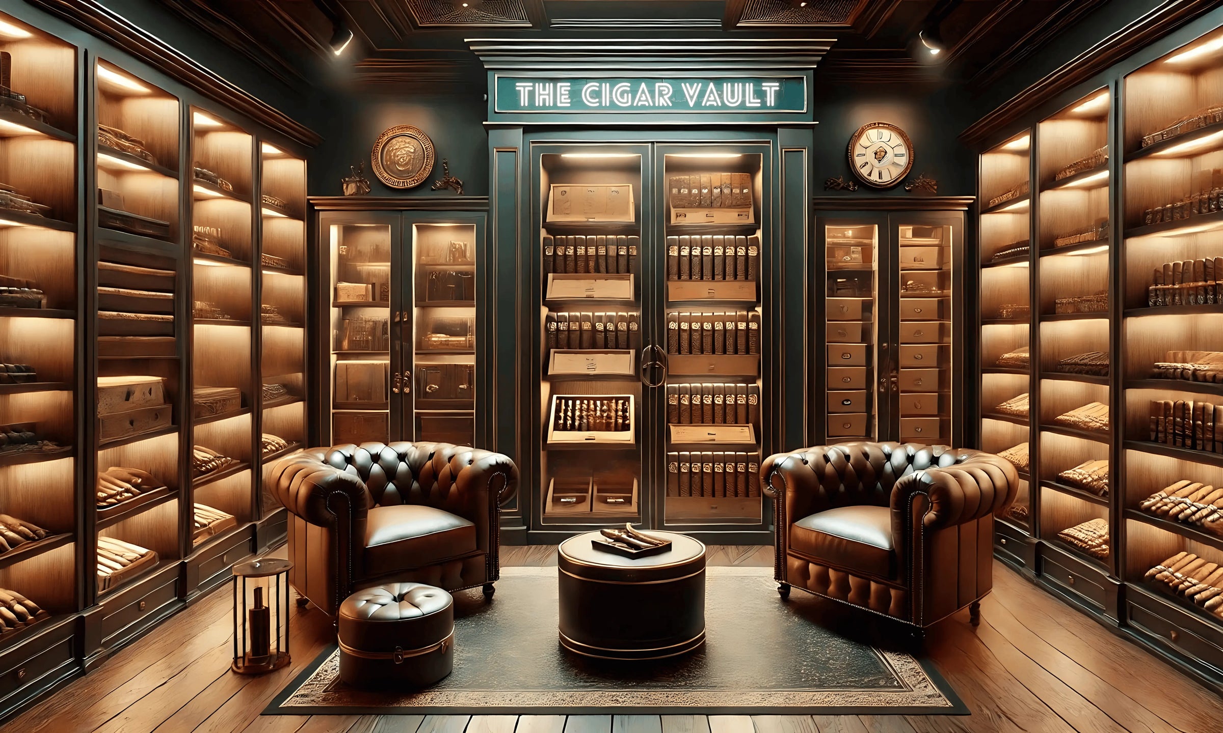 Two leather armchairs and a round table sit in a luxurious cigar lounge, surrounded by shelves and glass cabinets filled with neatly arranged cigars under warm, ambient lighting. A sign reads “The Cigar Vault.”.