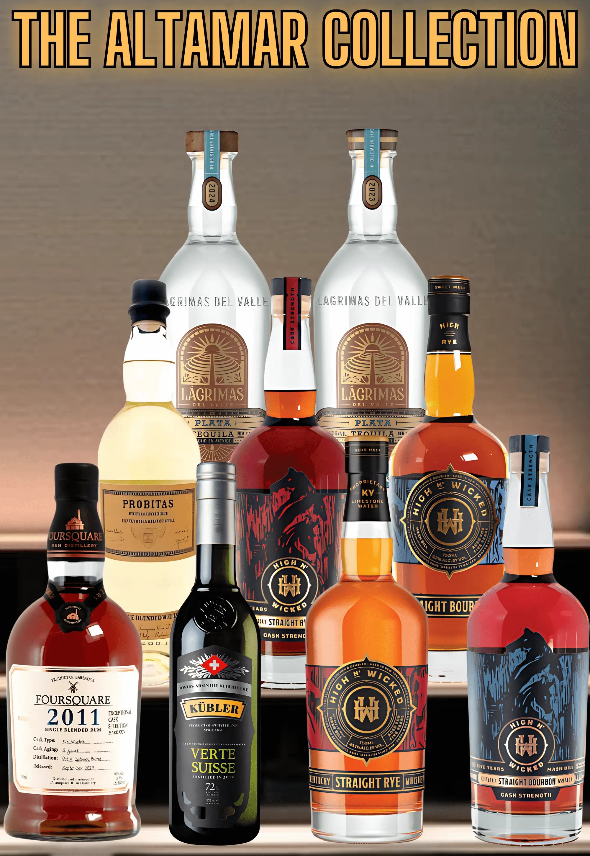 Eight bottles of premium spirits, including whiskey, rum, and absinthe, are arranged in two rows under the title “The Altamar Collection” on a gradient brown background.