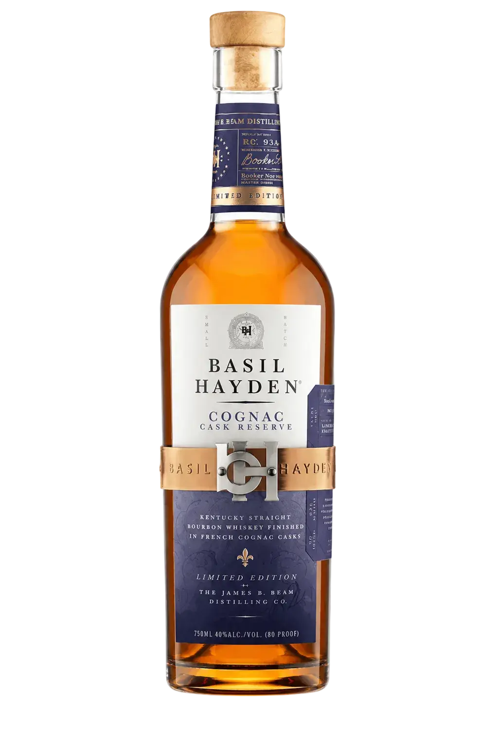 A bottle of Basil Hayden Cognac Cask Reserve whiskey, featuring a white and navy blue label with a gold band, filled with amber liquid and sealed with a cork, on a light gray background.