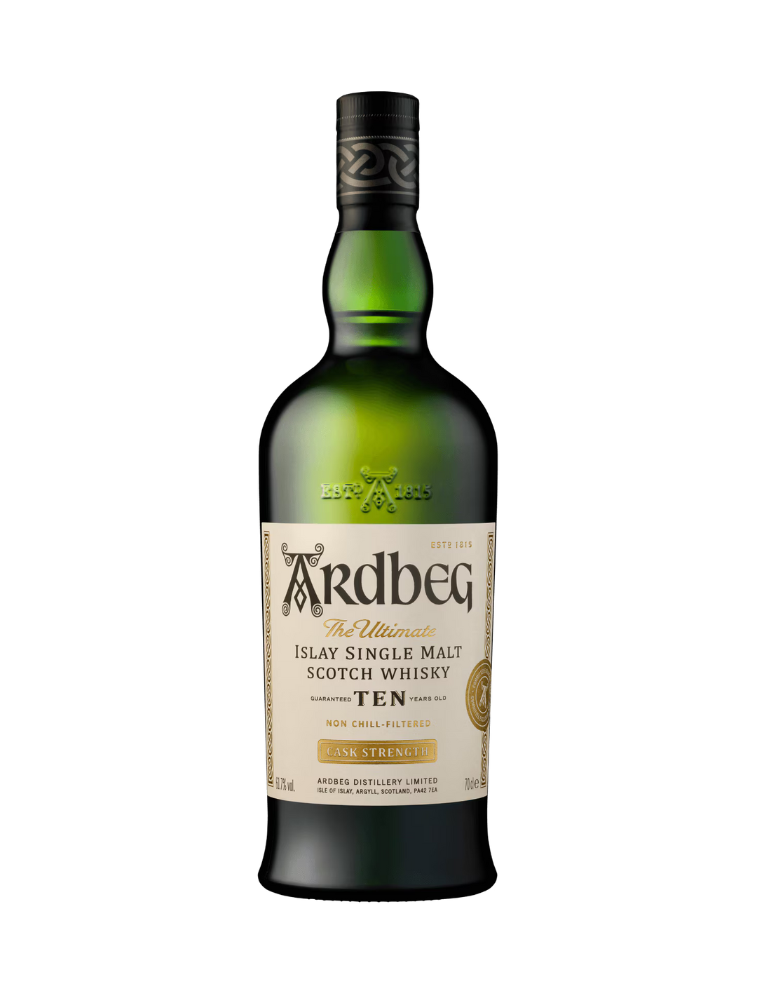 A green bottle of Ardbeg Ten Years Old Cask Strength Committee Release Islay Single Malt Scotch Whisky with a cream label, black cap, and gold seal is displayed against a white background, highlighting product details on the front.