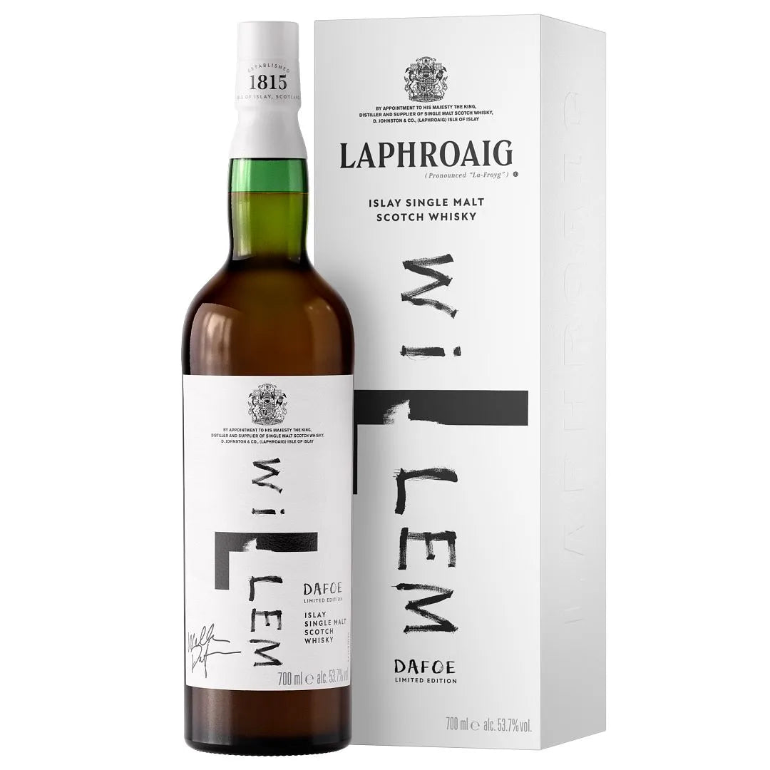 The Laphroaig Willem Dafoe Limited Edition Islay Single Malt Scotch Whisky sits beside its white box, both featuring the actor's signature and crisp black text—a collectible release from Laphroaig for whisky enthusiasts.