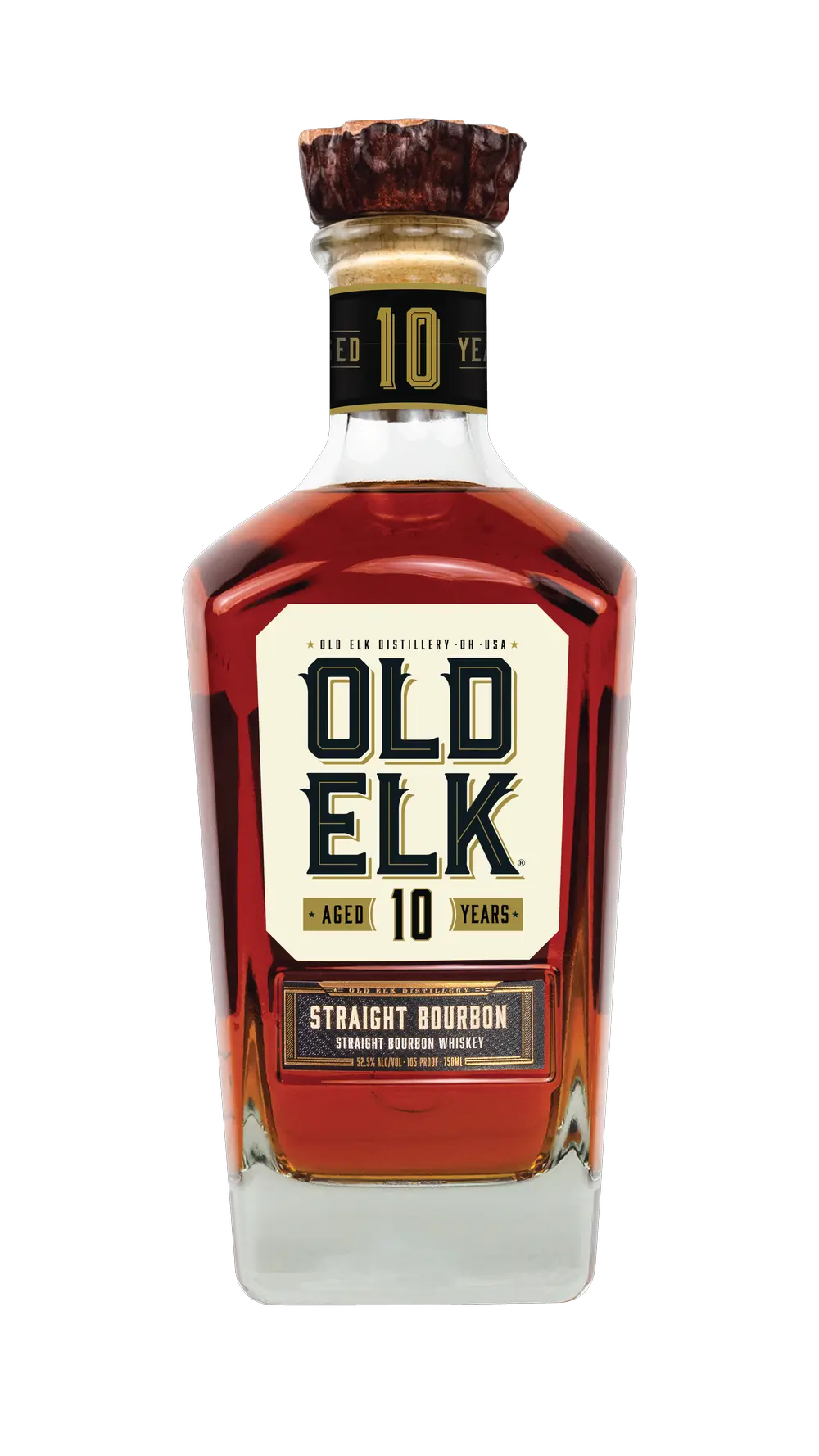 A bottle of Old Elk 10 Year Straight Bourbon Whiskey, an amber-hued bourbon from Old Elk Bourbon, aged 10 years and labeled with the brand name and aging details.
