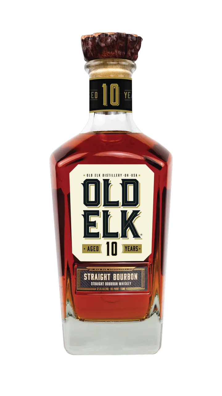 A bottle of Old Elk 10 Year Straight Bourbon Whiskey, an amber-hued bourbon from Old Elk Bourbon, aged 10 years and labeled with the brand name and aging details.