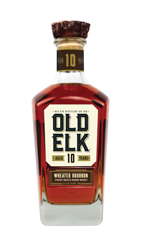 A bottle of Old Elk 10 Year Straight Wheated Bourbon Whiskey (Pre-Order) from Old Elk Bourbon, featuring a brown cap and a cream label with the brand name and details about this aged bourbon.