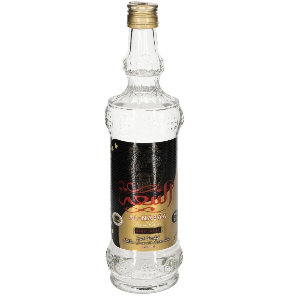 A clear glass bottle of Al Nabaa Special Reserve 90 Proof 750ml, with a gold cap and black and gold Arabic label, stands upright against a white background.