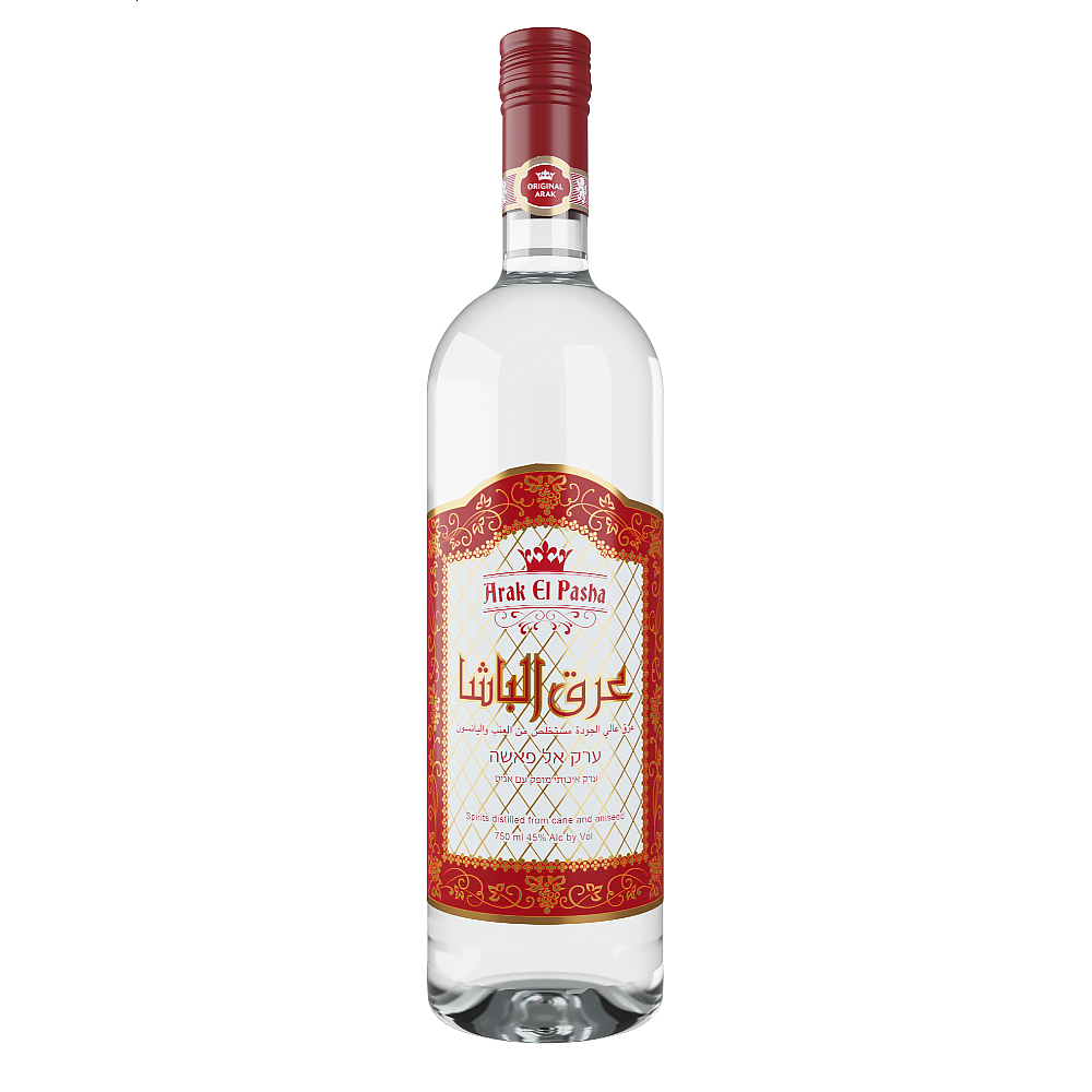 A clear bottle of El Pasha Arak El Pasha 90 Proof, featuring a red and gold label with Arabic text and patterns, topped with a matching red cap.
